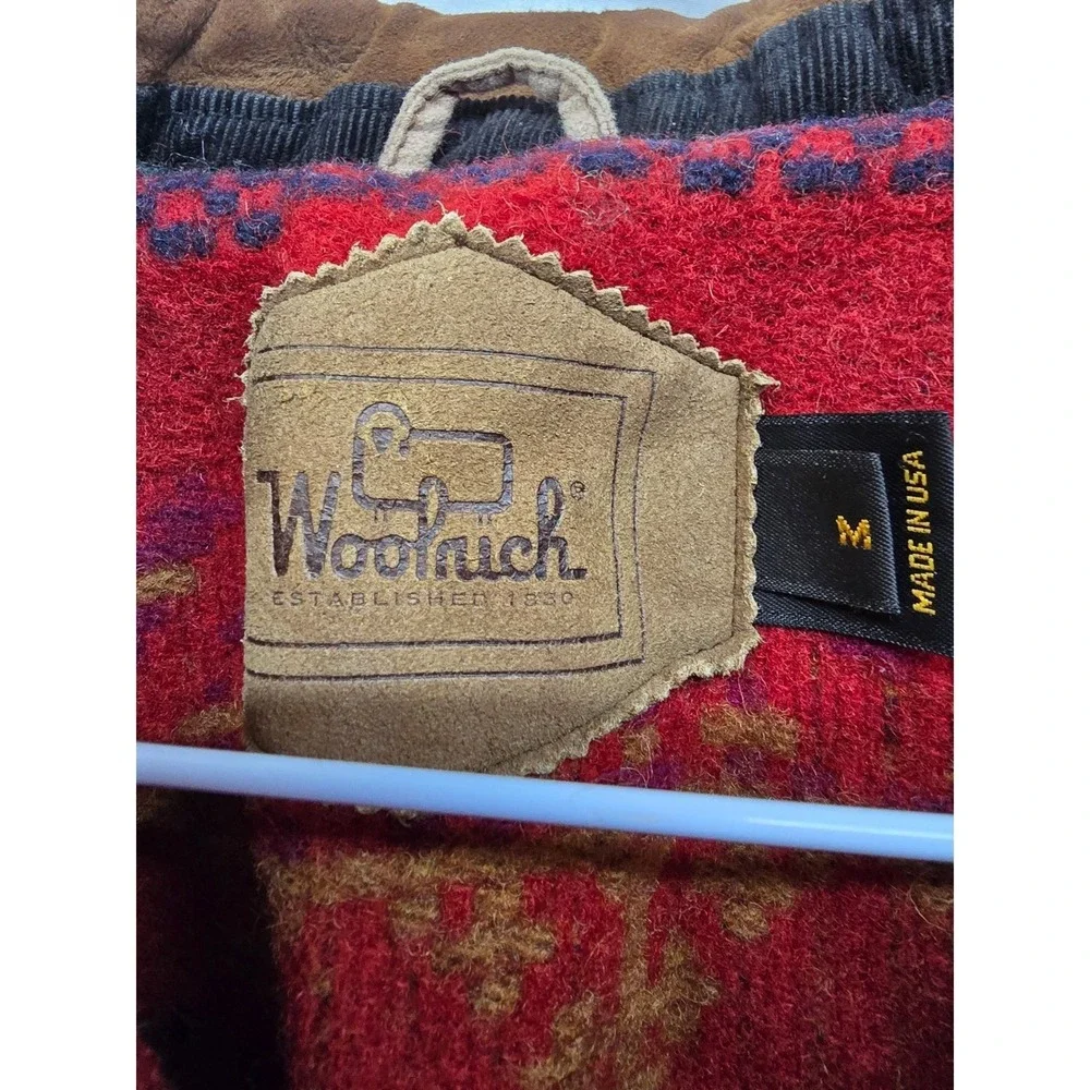 Woolrich Women's Geometric Pattern Jacket Red Blue‎ Yellow Suede Trim Size M